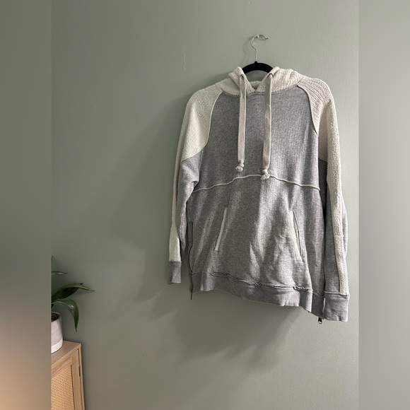 Free People "Trademark Hoodie" charcoal grey and textured off-white patchwork - Picture 2 of 9